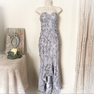 Bariano Silver Gray Embellished Midi Strapless High Low Ruffle Hem Mermaid Dress